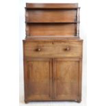 19th century mahogany secretaire chiffonier, the upper section with shelves on turned column