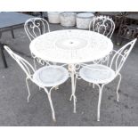 White painted circular garden table, with pierced top on scrolling base, h70cm diameter 95cm,