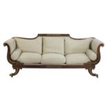 Regency simulated rosewood scroll arm settee with ormolu mounts of laurel, anthemion and lotus,