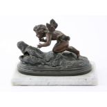 Early 20th century small French spelter figural table lamp cast with a kneeling cupid on white