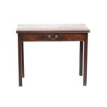 George III mahogany foldover tea table, with single drawer on square supports, H73 x W91 x D44.5cm