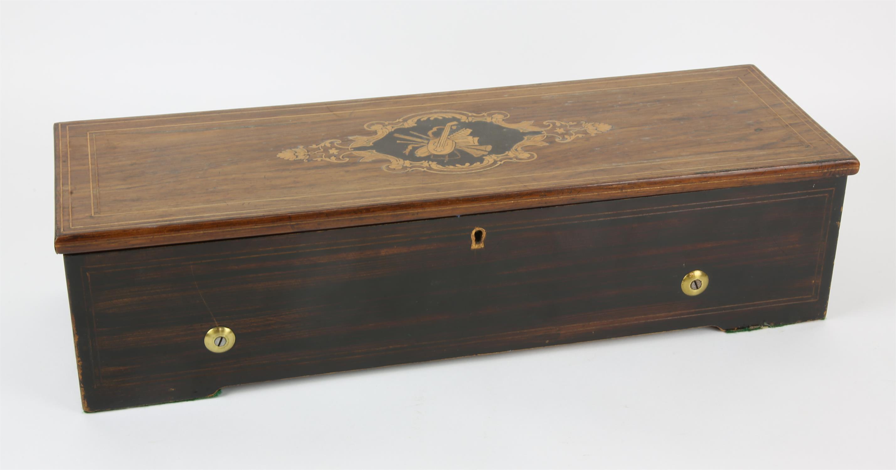 19th century Swiss rosewood and marquetry inlaid cylinder music box, label to underside of cover - Image 3 of 3