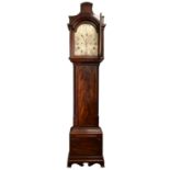 Late 18th century mahogany longcase clock, the arched silvered dial with Roman and Arabic numerals,
