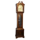 Early 20th century mahogany and marquetry inlaid eight day longcase clock, the arched brass dial