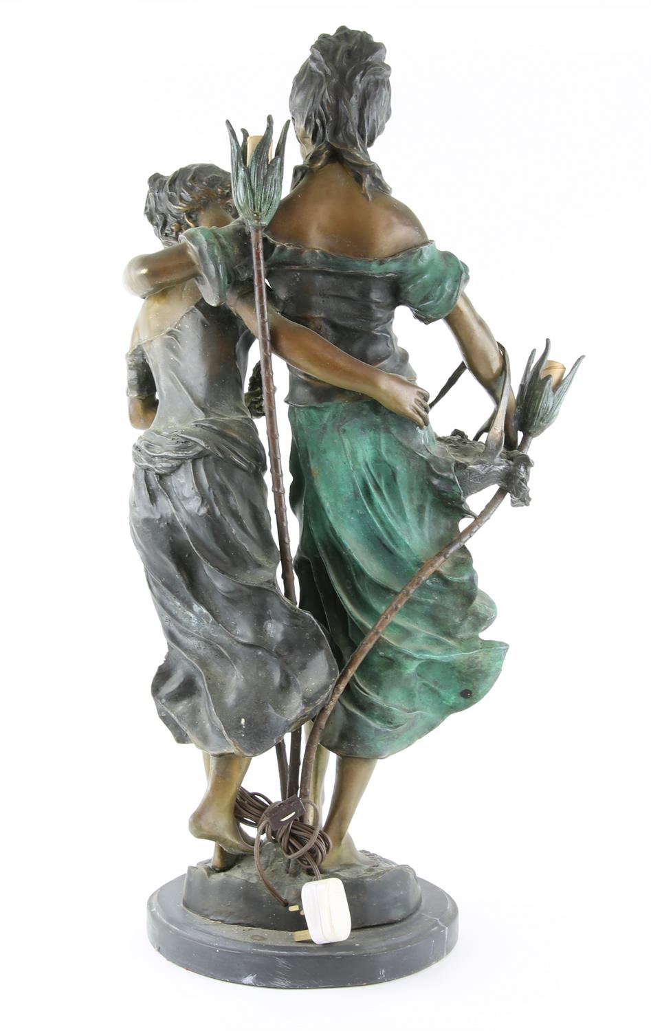 Early 20th century spelter figural lamp "Sisters" after A. Moreau, H77cm - Image 2 of 3