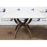 Marble top garden table on cast metal base with four splayed legs, h77cm w120cm d89.5cm