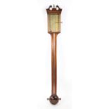 George III style mahogany stick barometer by Thomas Wright, with thermometer, barometer and sliding