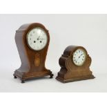 Early 20th century inlaid mahogany mantel clock, twin train movement striking a gong,