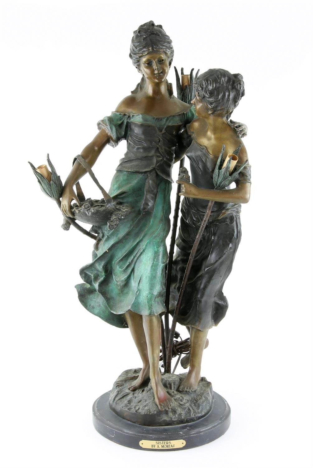 Early 20th century spelter figural lamp "Sisters" after A. Moreau, H77cm