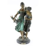 Early 20th century spelter figural lamp "Sisters" after A. Moreau, H77cm