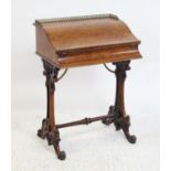 Victorian ladies burr walnut writing desk , brass gallery rail, fall front opening to reveal green