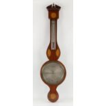 Early 20th century Sheraton Revival inlaid mahogany banjo barometer, with fan and shell marquetry