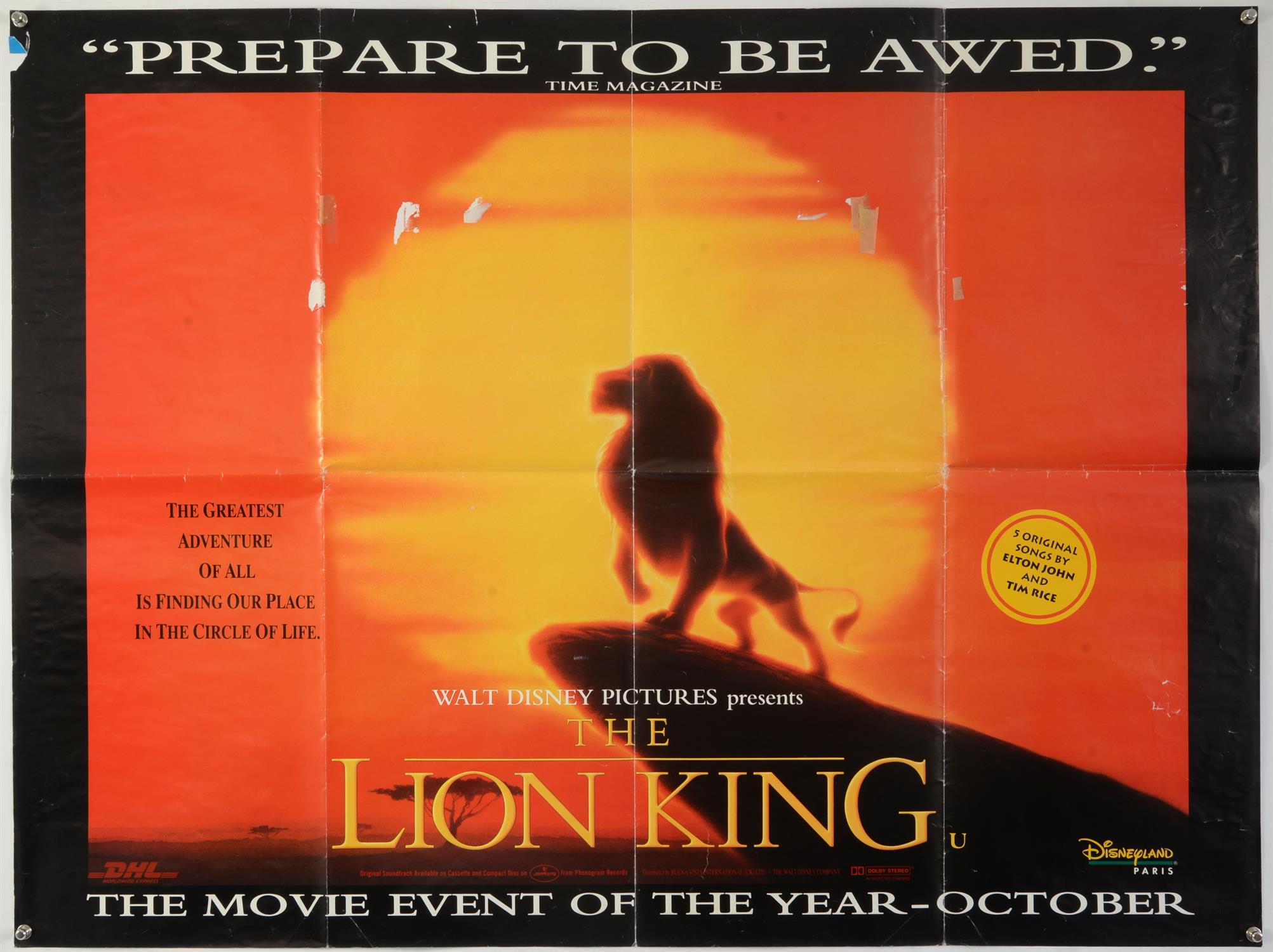 Walt Disney's The Lion King (1994) Advance British Quad film poster, folded, 30 x 40 inches.