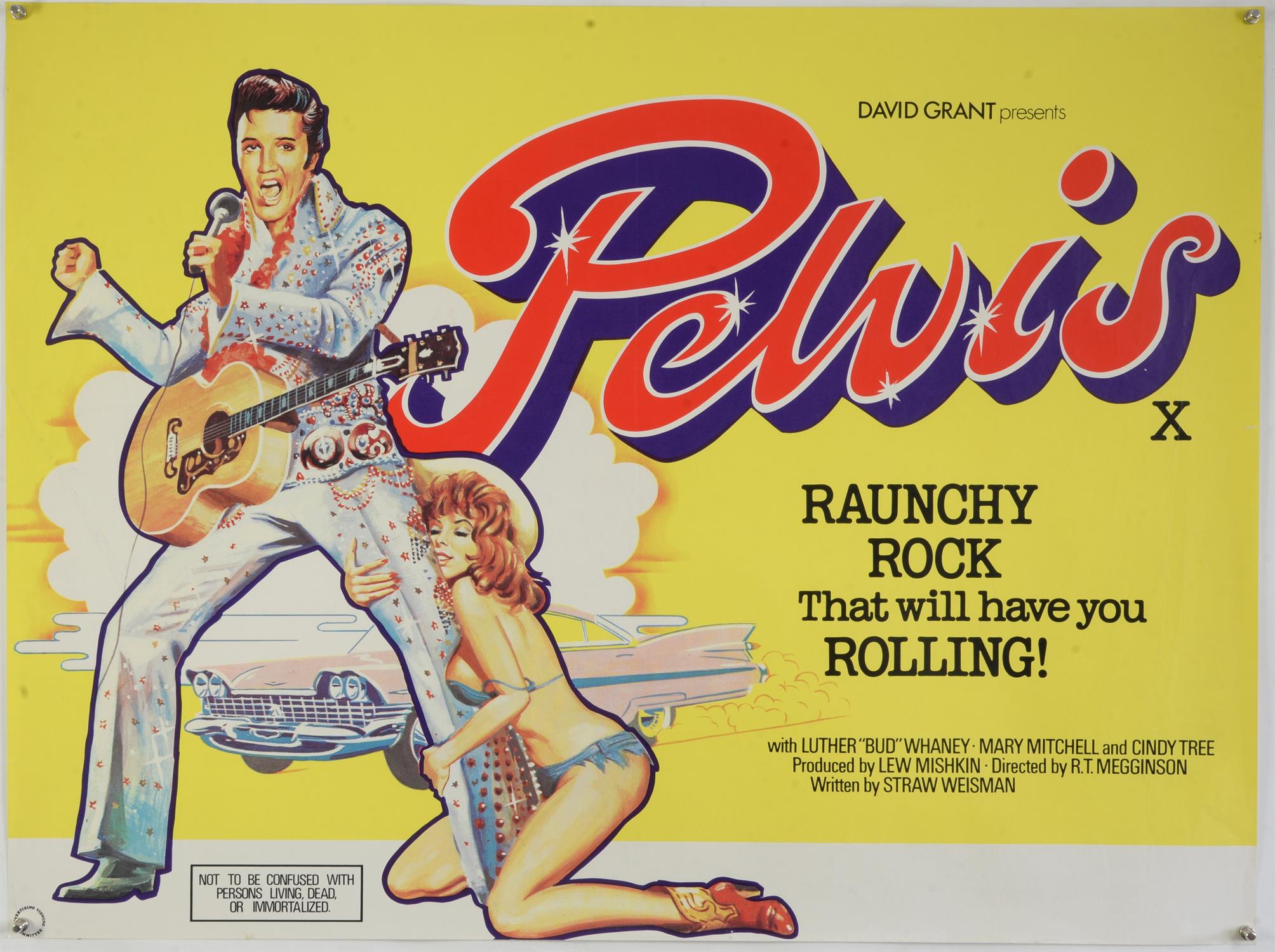 Pelvis (1977) British Quad film poster for the musical-comedy clearly referencing Elvis Presley,