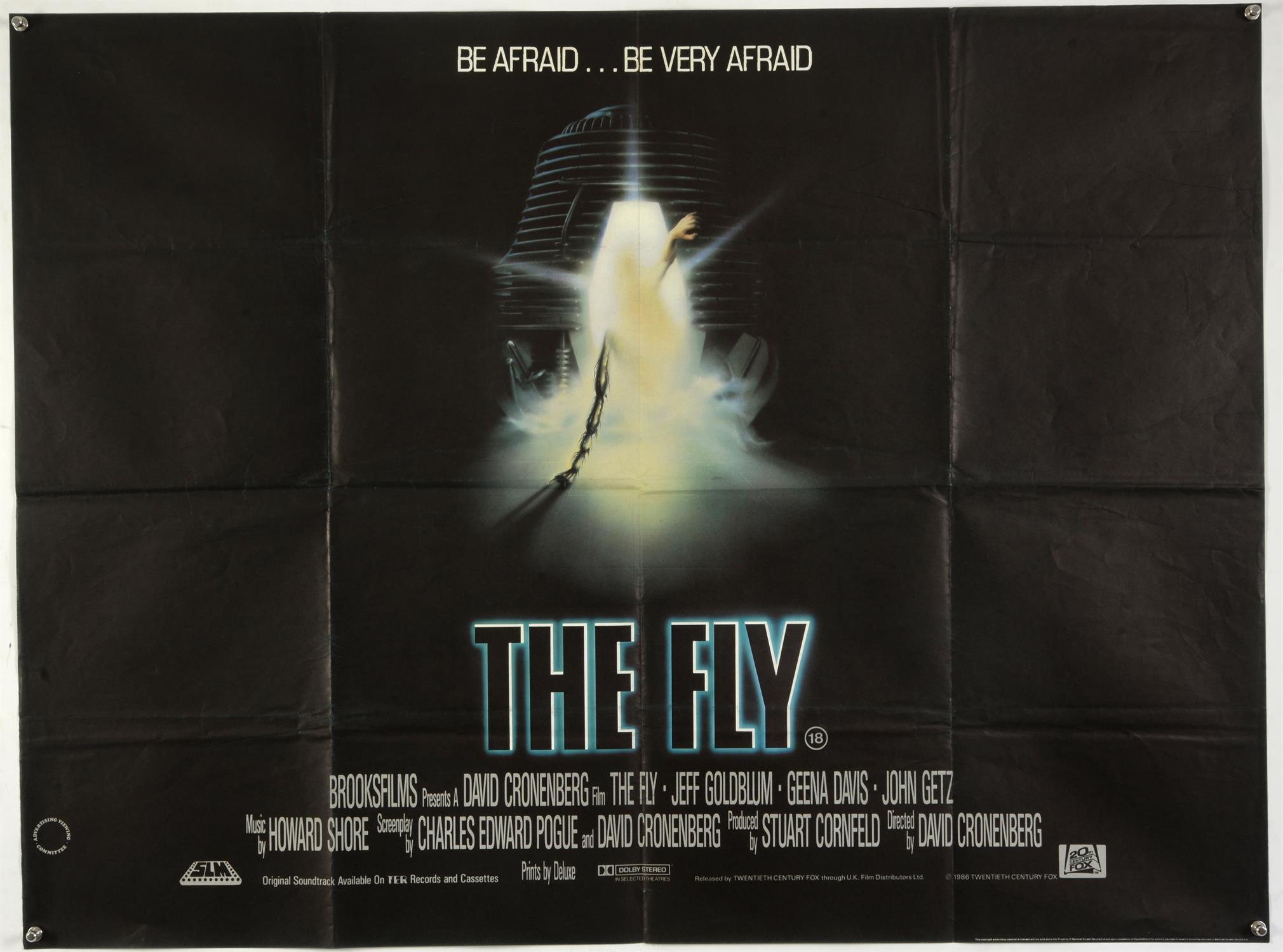 The Fly (1986) British Quad film poster, directed by David Cronenberg, folded, 30 x 40 inches.