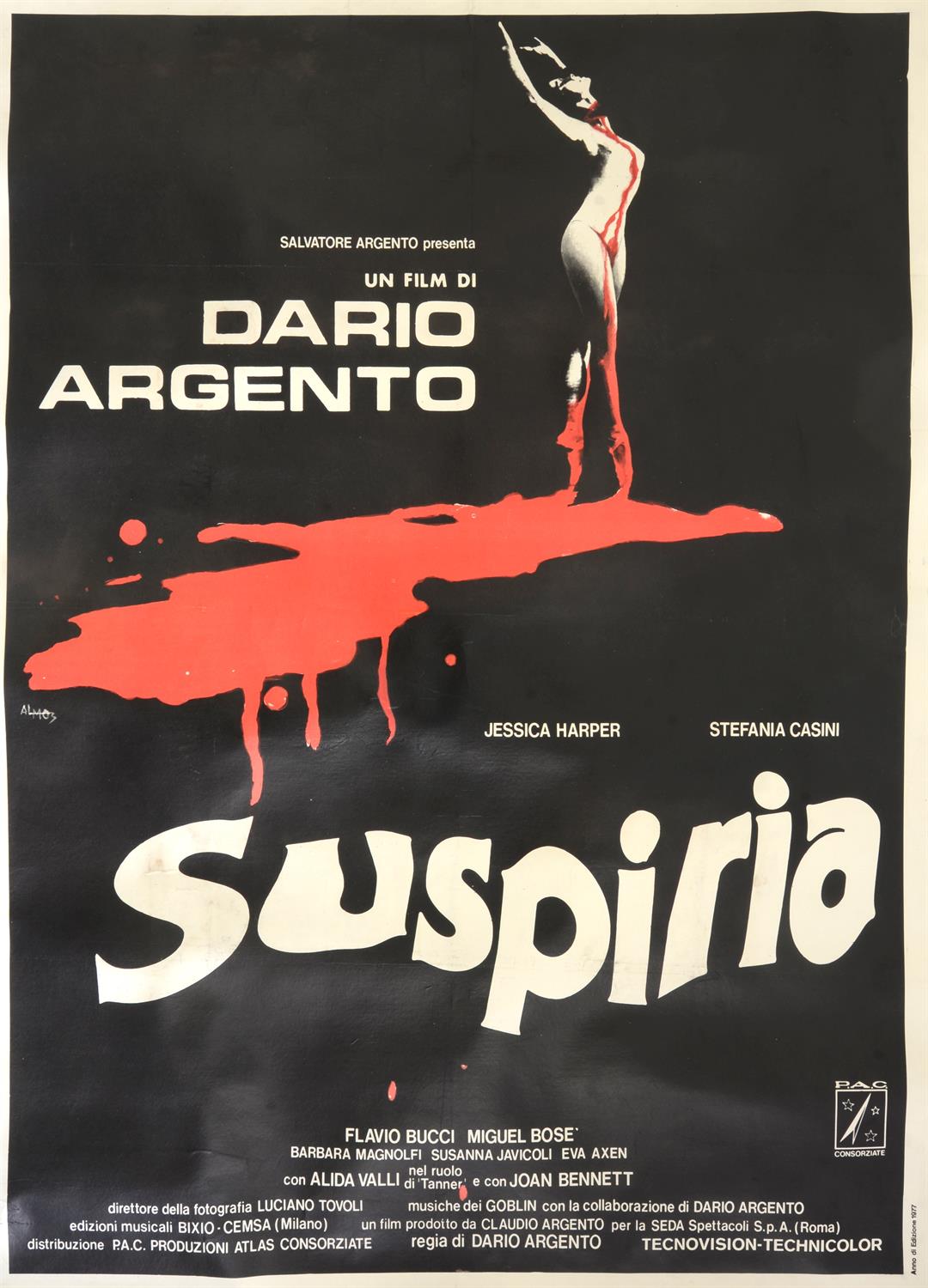 Suspiria (1977) Italian four folio film poster, horror starring Jessica Harper, linen backed,