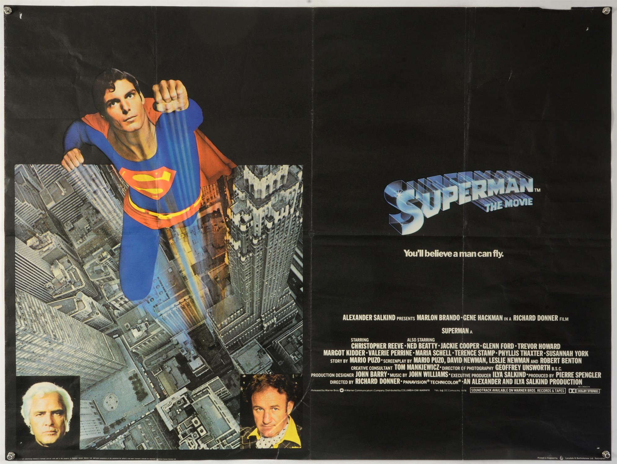 Superman (1978) British Quad film poster, starring Christopher Reeve, Gene Hackman & Marlon Bando,