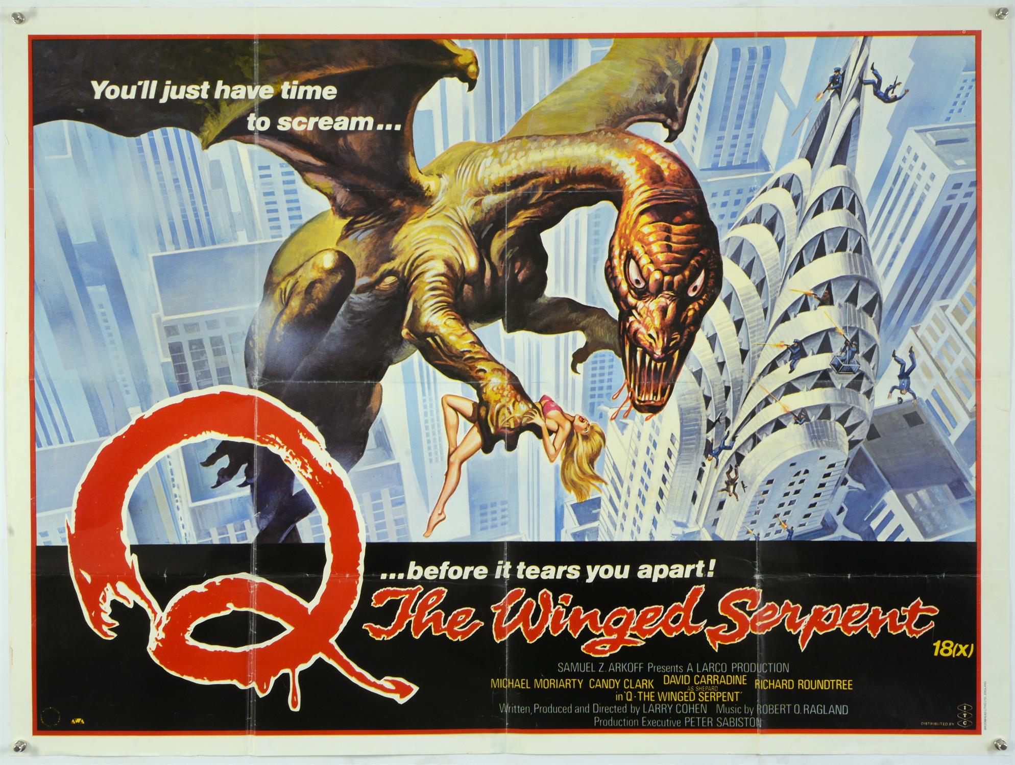 10 Horror British Quad film posters including Q The Winged Serpent, The Return of the Living Dead