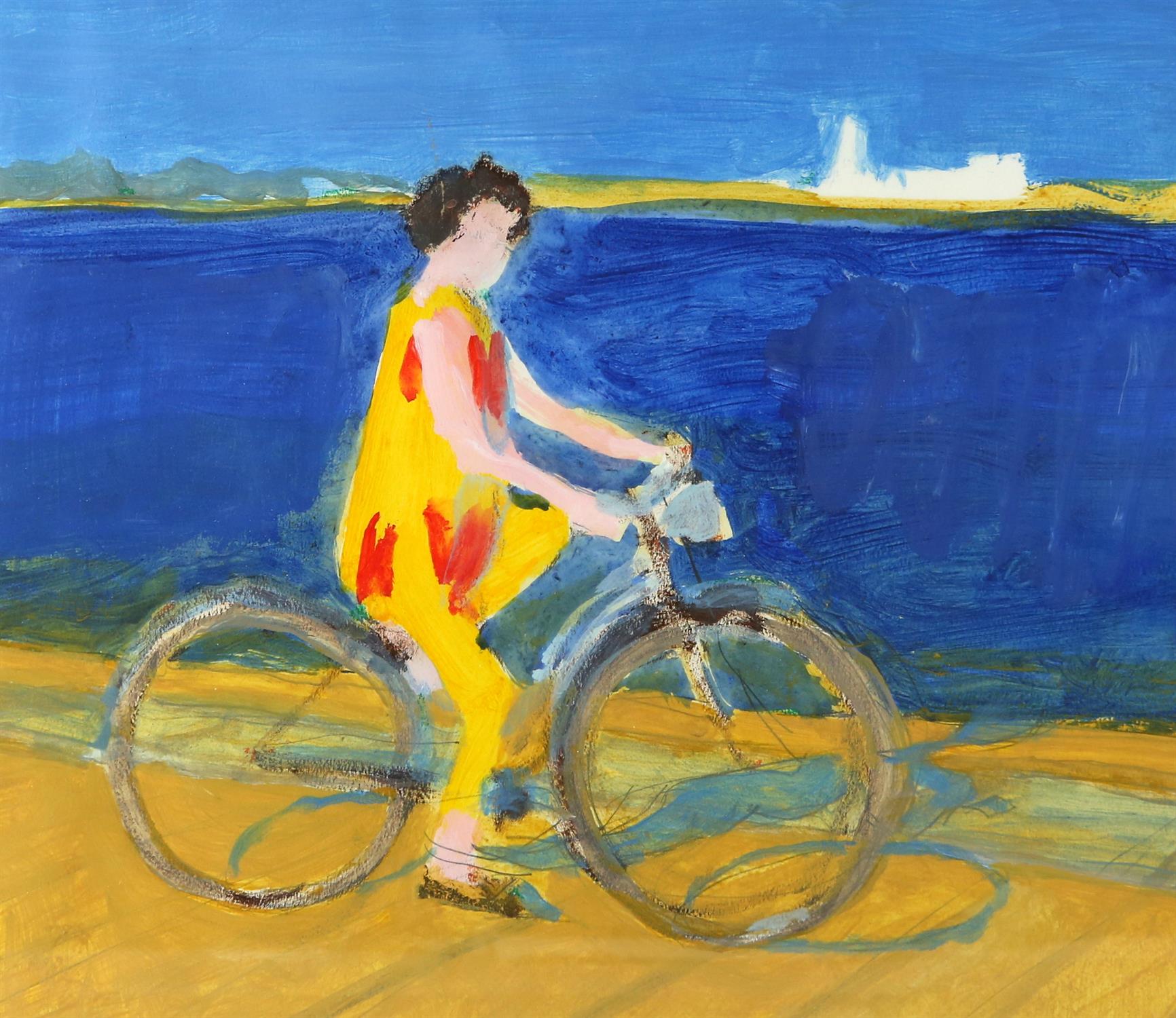 Michael Hutchings (British, 1918-2020), portrait of the artist's wife cycling. Acrylic on paper.