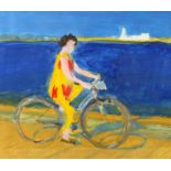 Michael Hutchings (British, 1918-2020), portrait of the artist's wife cycling. Acrylic on paper.