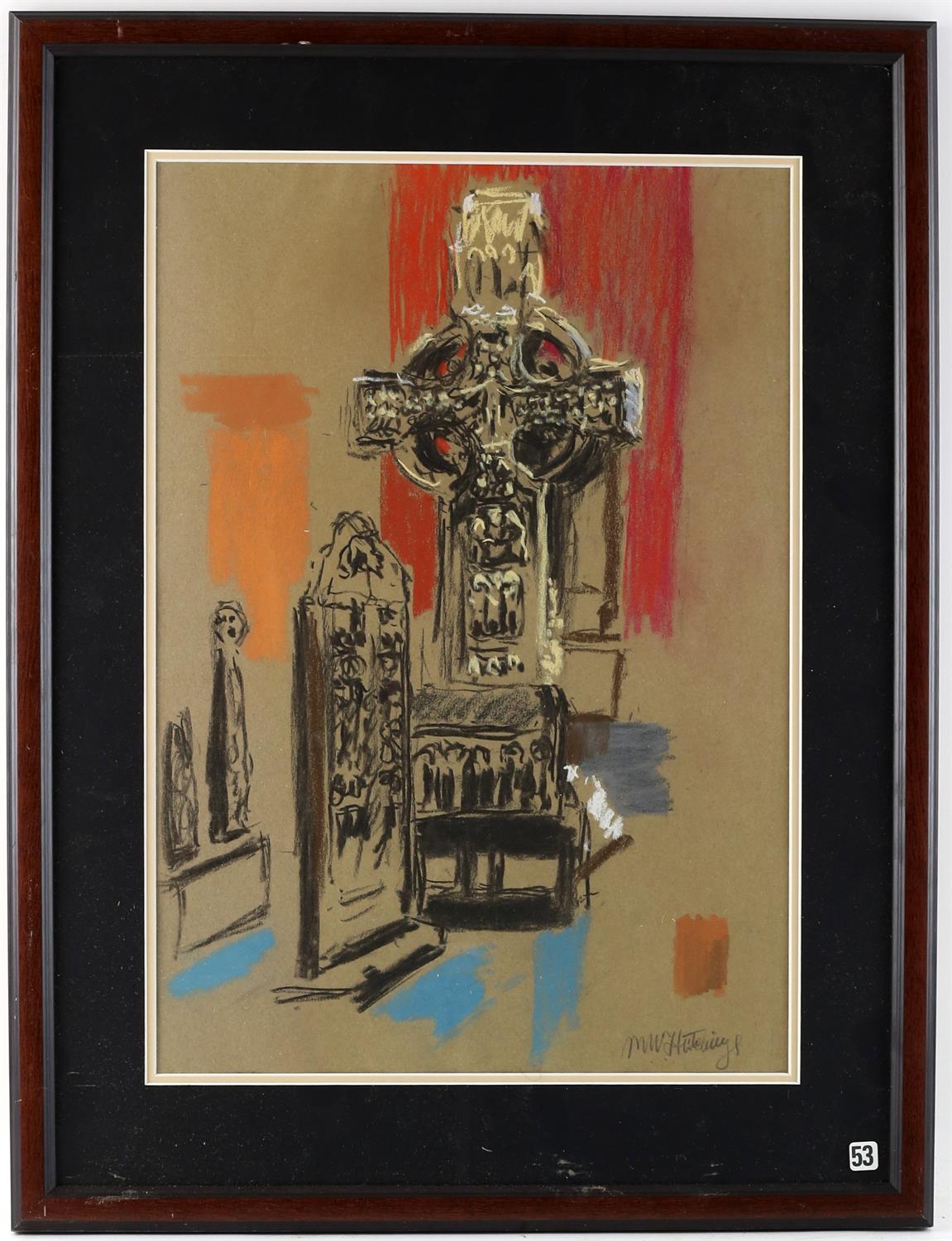 Michael Hutchings (British, 1918-2020), 'Dark Ages', study of a Celtic cross. Pastel. - Image 2 of 2