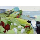 Michael Hutchings (British, 1918-2020), 'Welsh Pastoral', sheep and cattle on a hillside (1990).