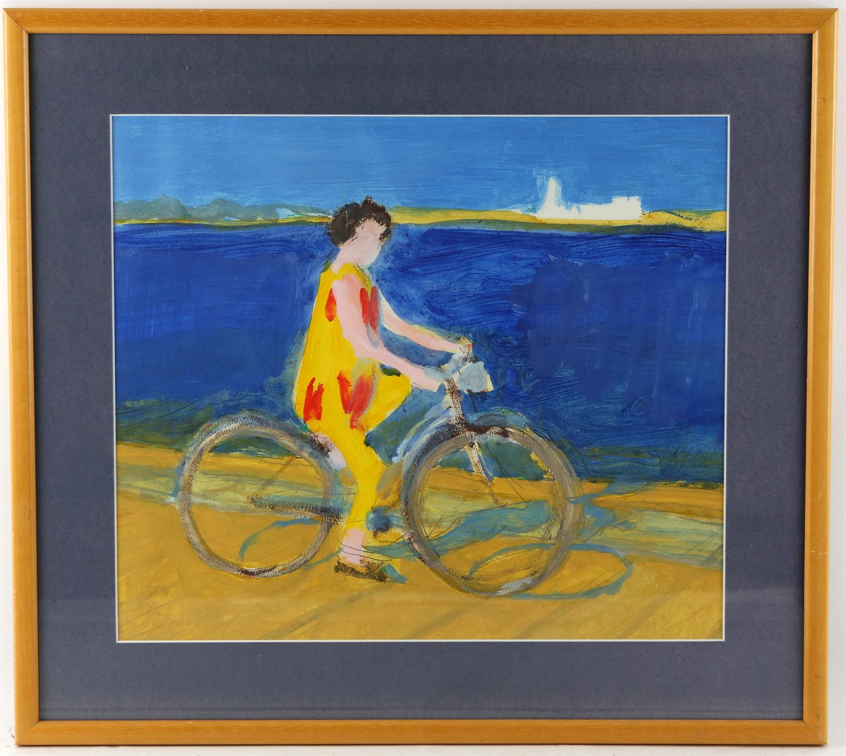 Michael Hutchings (British, 1918-2020), portrait of the artist's wife cycling. Acrylic on paper. - Image 2 of 2