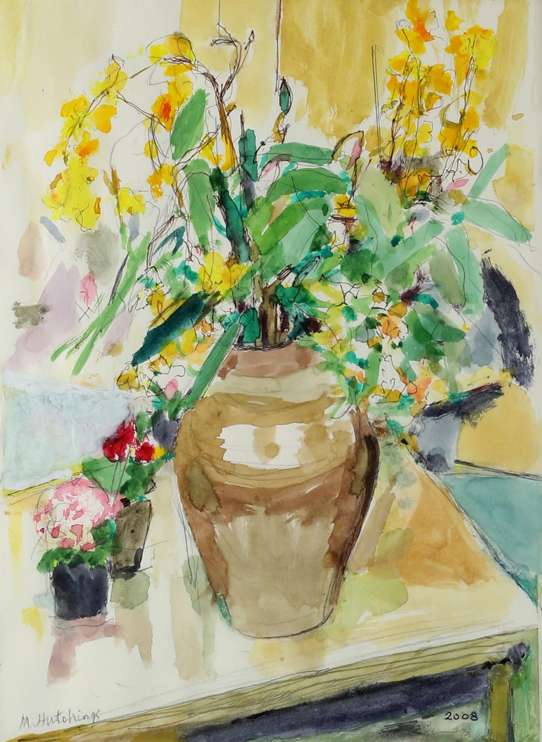 Michael Hutchings (British, 1918-2020), still life with flowers. Watercolour on paper.