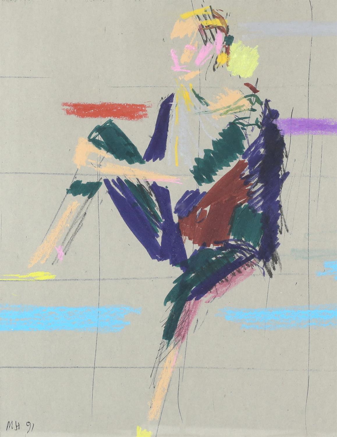 Michael Hutchings (British, 1918-2020), 'Inaction', seated man. Mixed media. Initialled and dated