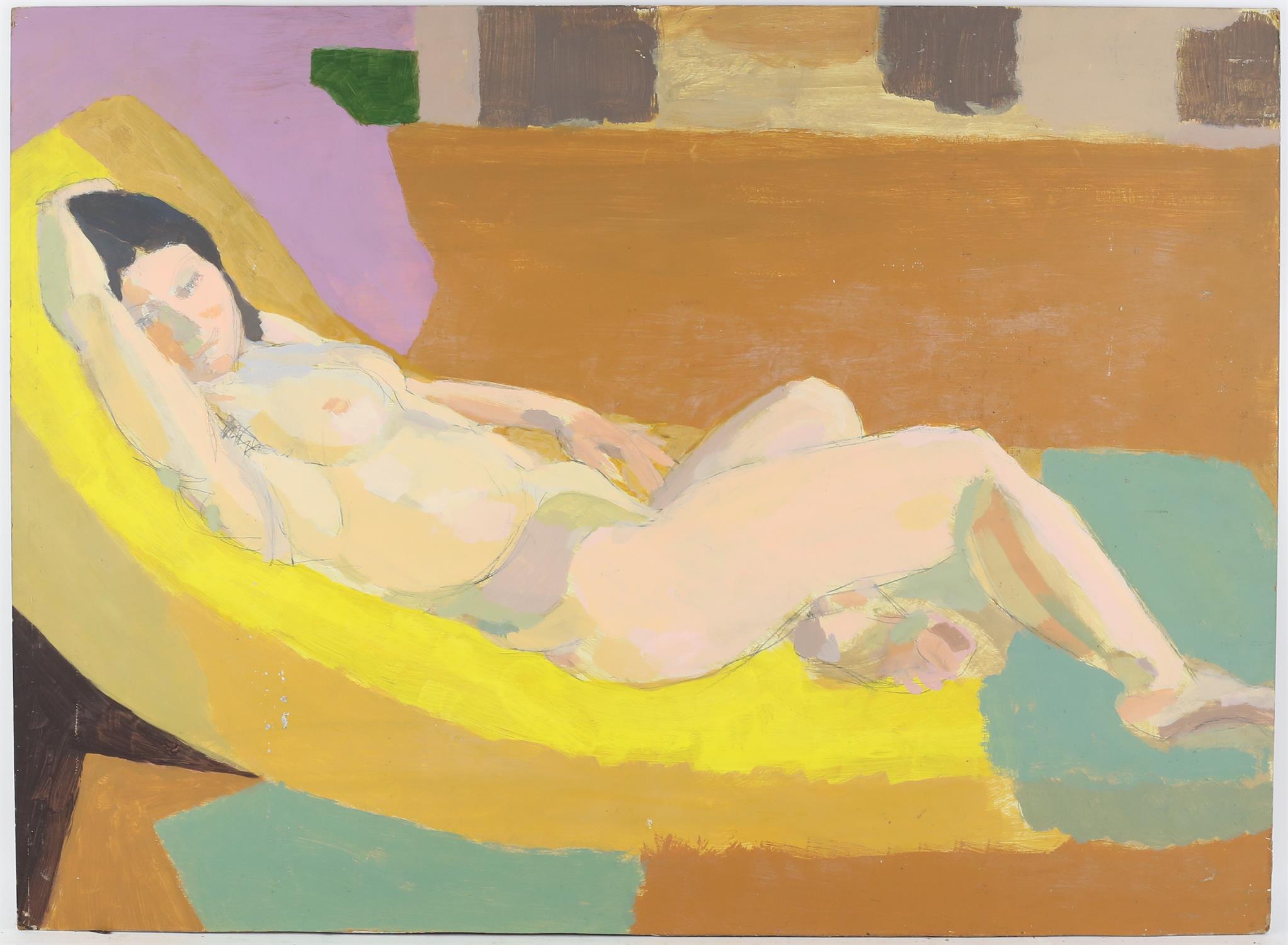 Michael Hutchings (British, 1918 - 2020), portrait of reclining nude. Oil on board. 56 x 76cm. - Image 2 of 4