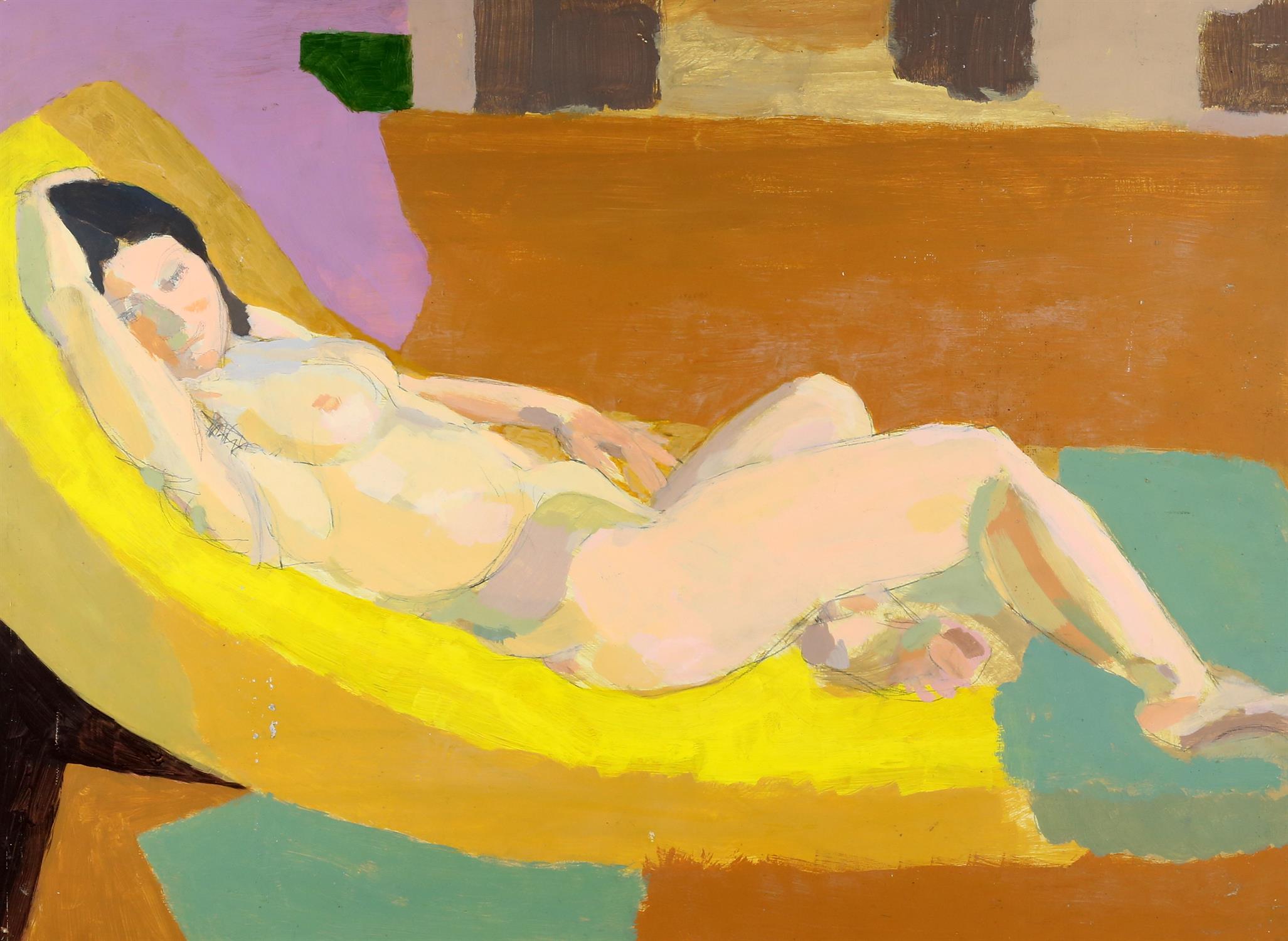 Michael Hutchings (British, 1918 - 2020), portrait of reclining nude. Oil on board. 56 x 76cm.