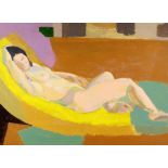 Michael Hutchings (British, 1918 - 2020), portrait of reclining nude. Oil on board. 56 x 76cm.