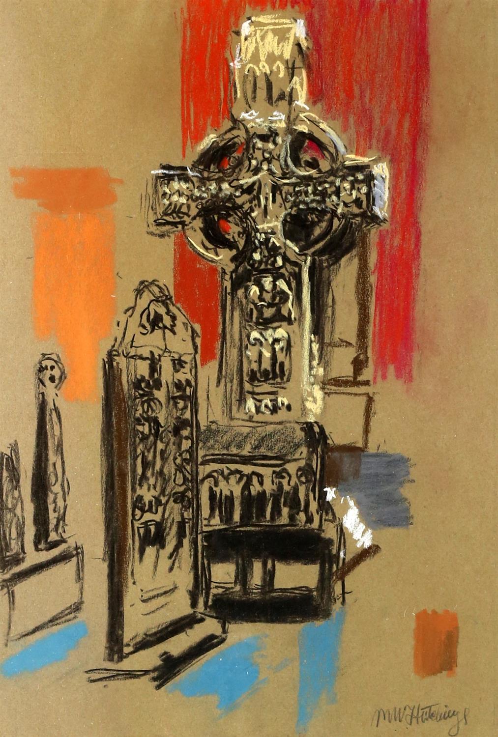 Michael Hutchings (British, 1918-2020), 'Dark Ages', study of a Celtic cross. Pastel.