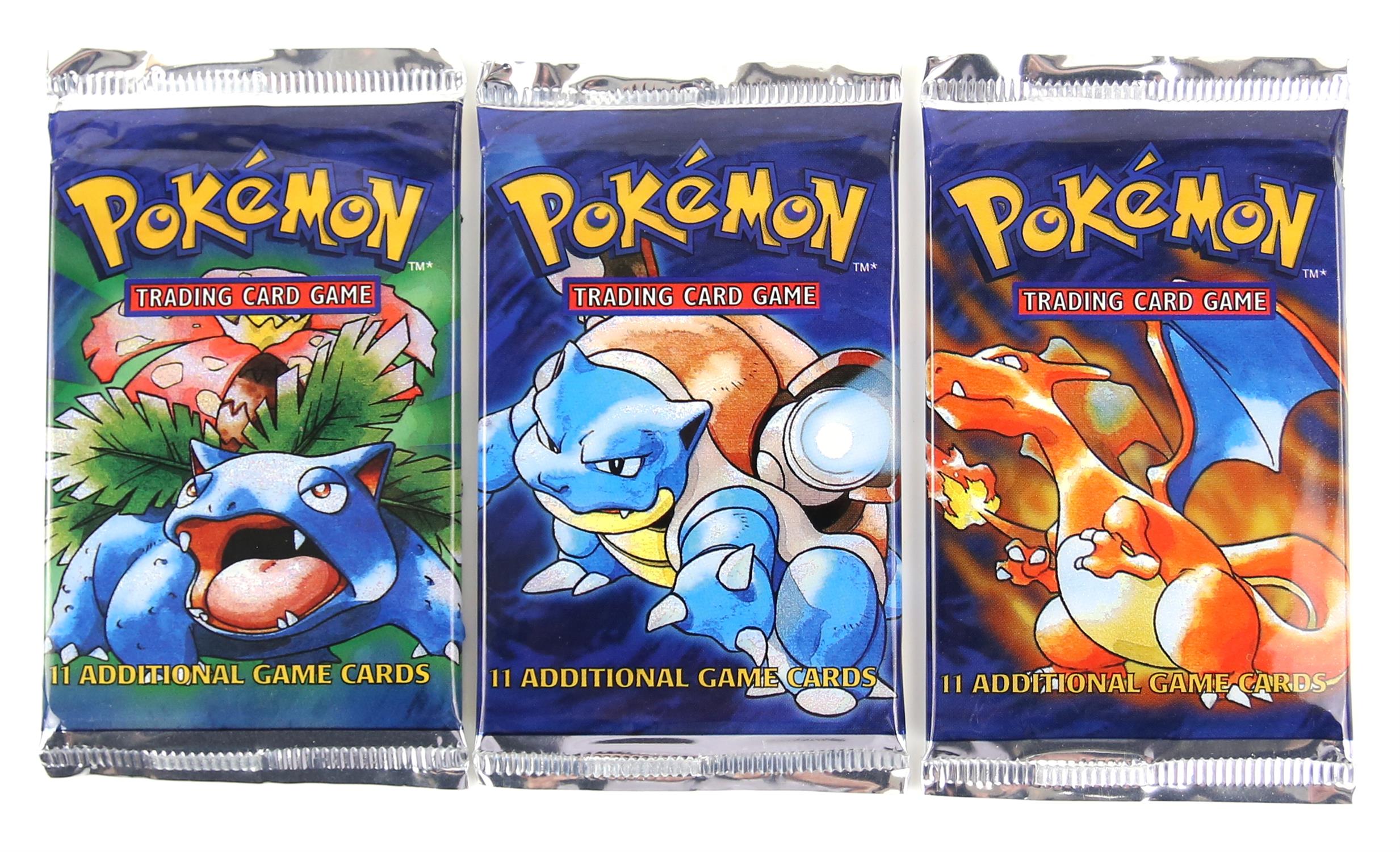 Pokemon TCG Base Set artwork display, three sealed Base Set Booster packs - complete artwork set: