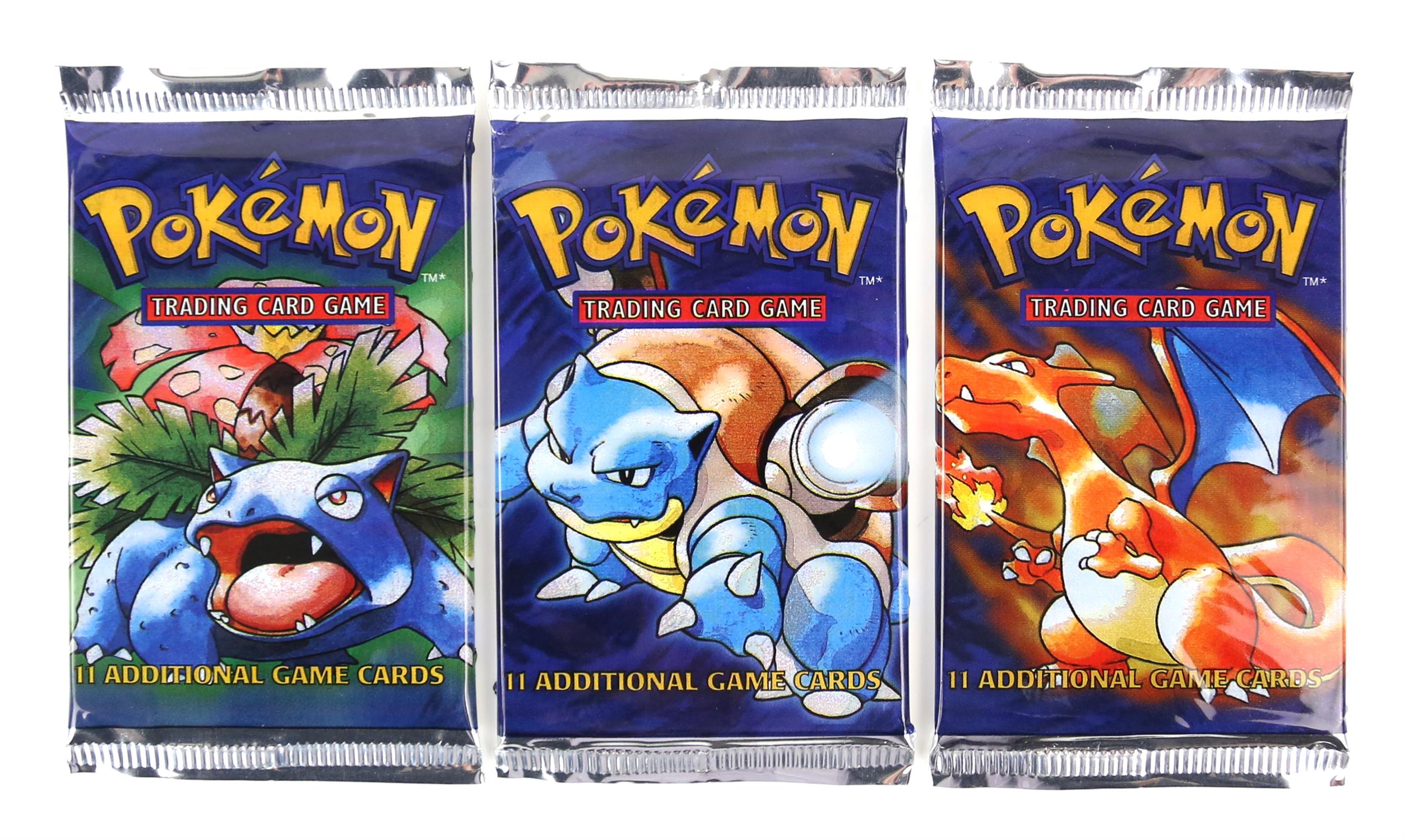 Pokemon TCG Base Set artwork display, three sealed Base Set Booster packs - complete artwork set: