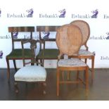 Pair of dining chairs oval cane backs with medieval upholstered stuff over seats,