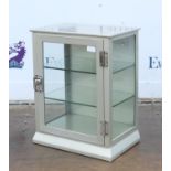 Glazed metal cabinet, with glass door and glass shelves, h52cm w41cm d27cm