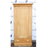 20th century pine single wardrobe, with single door over drawer on plinth base, h201.