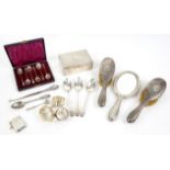 Various silver and silver plated items including a vesta case, cigarette box, three old English