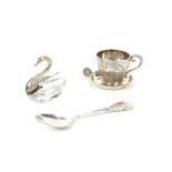 Spanish silver wine taster cup with silver coin handle, a continental silver 800 grade mug/cup,