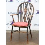 20th century ash and elm wheelback Windsor chair, on turned legs joined by stretcher