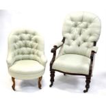 Mahogany open armchair with scroll arms on turned and carved legs and castors, h104cm w66cm,