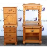 Pine bedside chest, a pine bedside cupboard, another pine bedside cupboard and a pine washstand (4)