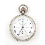 Centre sweep silver chronograph multi dial pocket watch, import marks by Heath and Co of London