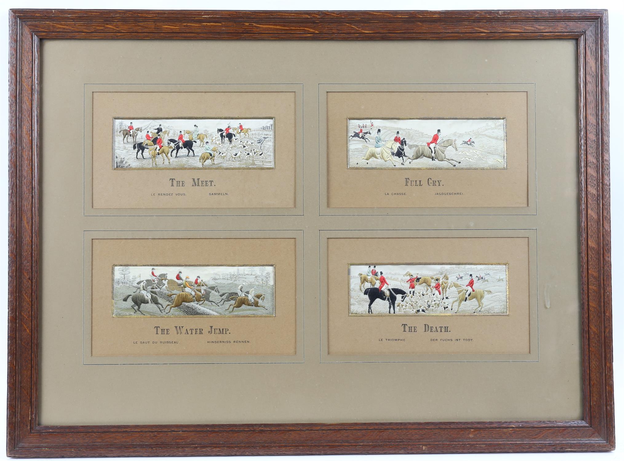 Set of four French embroidered hunting images, with captions. Framed and glazed as a set.