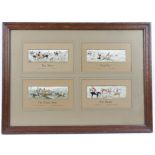 Set of four French embroidered hunting images, with captions. Framed and glazed as a set.