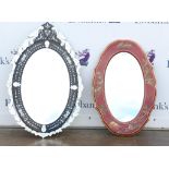 Venetian style mirror with floral etched mirrored border, floral finial and oval glass plate,