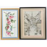Set of two framed embroideries (image sizes 34 x 24cm and 37 x 20cm), with surfing print and wicker