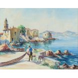 Watercolour drawing depicting harbour scene at St. Tropez. Signed indistinctly lower left.