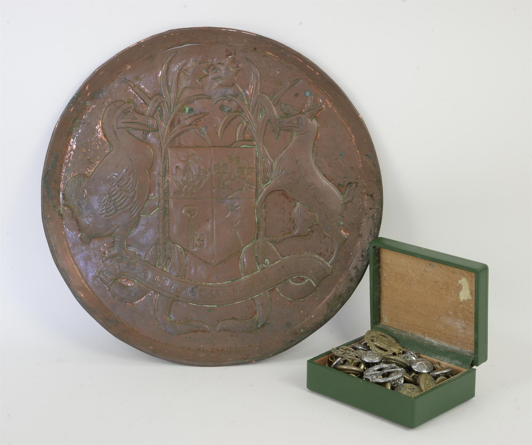 Copper plate with coat of arms of Mauritius, dated 1914 (diameter 33cm). With various colonial